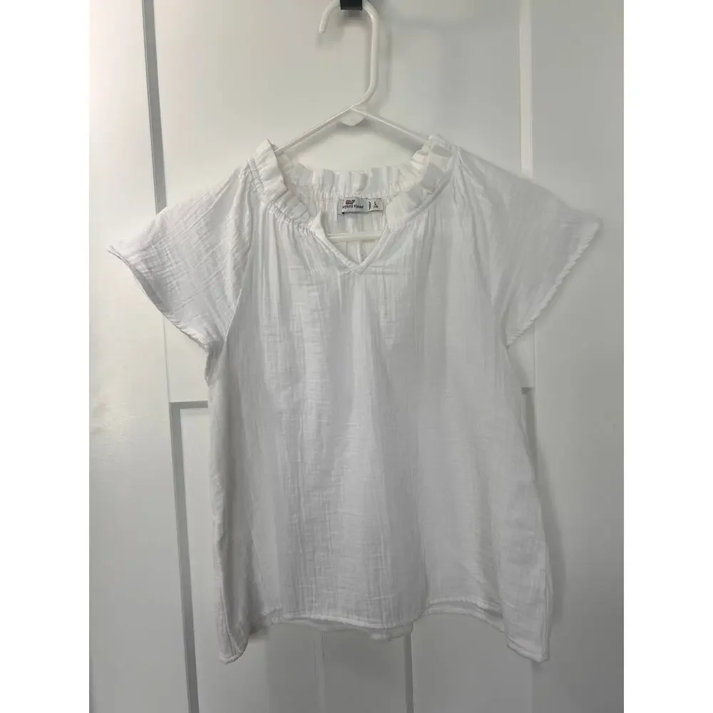 Vineyard Vines Girls Ruffle V-Neck Short Sleeve Top Minimalist White‎ Size Large